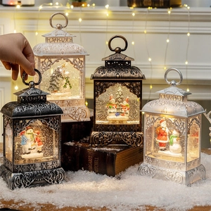 Retro Christmas lantern water globe with glowing interior scene for holiday decor
