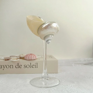 Close-up of handmade shell goblet candle holder with elegant white seashell and glass base