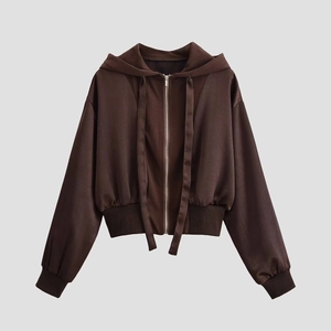 Women Cropped Hooded Jacket Polyester Solid Color Zip Up Long Sleeve Ribbed Hem Casual Outerwear