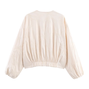 Women's cream casual jacket with leaf embroidery, elastic hem and lantern sleeves