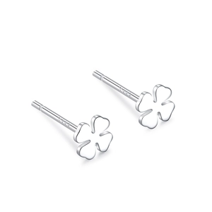 Minimalist S999 sterling silver four-leaf clover stud earrings with polished finish