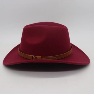 Detail of dark red wool felt cowboy hat with a brown leather belt and metal buckle