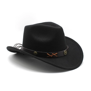Detail of black wool felt cowboy hat with vintage brown faux leather band and metal buckle