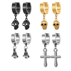 Stainless Steel Hoop Dangle Earrings Gothic Punk Skull Cross Skeleton Hand Hip Hop Jewelry For Men Women