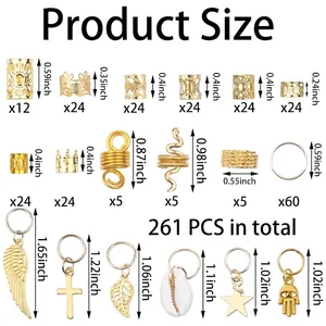 261pcs dreadlock jewelry set with various alloy charms, rings, and size specifications