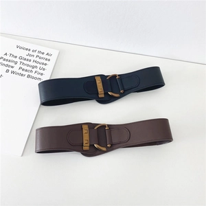 Elastic wide waist belt in navy and brown matte PU leather with vintage metal buckles