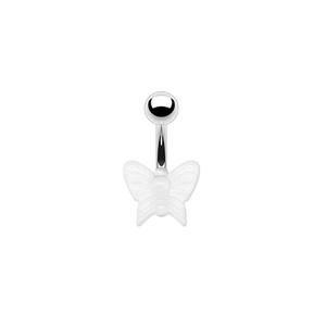 Macro view of a silver navel ring featuring a detailed white translucent butterfly pendant
