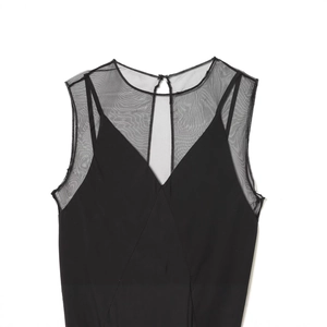Elegant black sleeveless dress with sheer mesh paneling in a minimalist style
