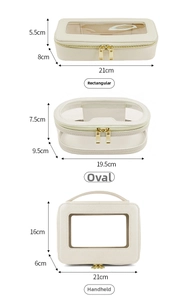 Detailed size chart for cream travel toiletry bags with PVC windows and gold zippers