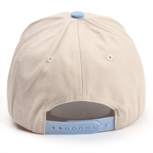 Beige baseball cap with light blue accents shown from the back with adjustable strap