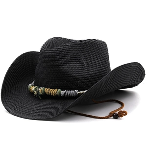 Men's black western cowboy straw hat with vintage star charm and adjustable wind cord