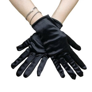 Elegant short black satin bridal gloves for weddings, parties, and formal dinners