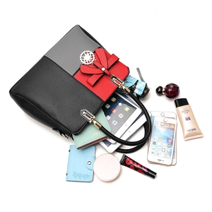 Minimalist tricolor patchwork tote bag for women featuring red bow and large capacity