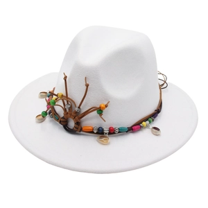 White wide brim fedora hat with bohemian beaded band and shell charms for women