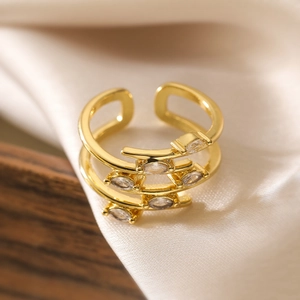Adjustable 18K gold plated multilayer geometric ring with marquise zircon stones