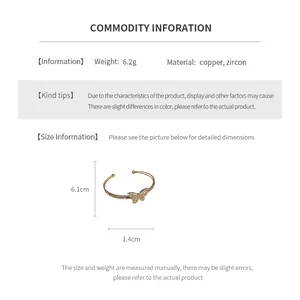 Detailed view of the 6.1cm gold plated butterfly zircon bracelet with size measurements