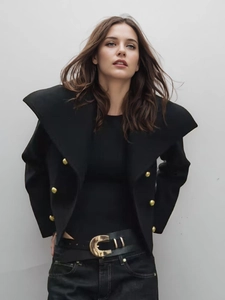 Damen Solide Wolljacke Großer Revers Doppelreihig Kurzer Mantel Streetwear Casual Oberbekleidung Metallknöpfe