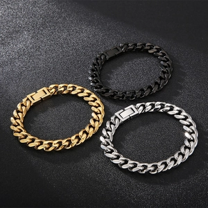Three-piece Cuban link bracelet set in black, gold and silver stainless steel for men