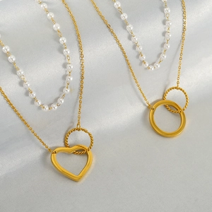 Collier Double Rang Künstliche Perles Femmes Acier Inoxydable 304 Plaqué Or 18K Pendentif Cœur Géométrique Style Vintage Français Bijoux