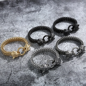 Retro double wolf head titanium steel bracelets in gold, silver, black, and grey tones