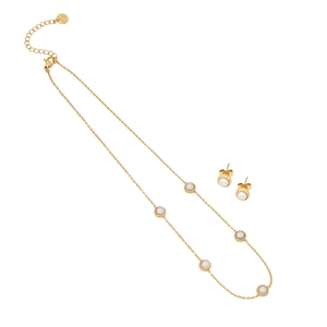 Elegant gold stainless steel jewelry set with white pearls necklace and stud earrings