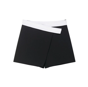 Women's minimalist black skort with white contrast trim and crossover waist design