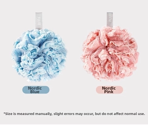 Detail of blue and pink PE mesh shower puffs with woven hanging ribbons for rich foam