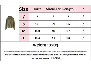 Size chart for green stand collar batwing sleeve jacket with detailed measurements