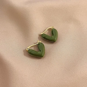 Minimalist deep green drip oil V-shape hoop earrings with gold metal frame for women