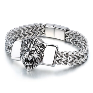 Mens silver stainless steel bracelet featuring a vintage lion head and woven chain design