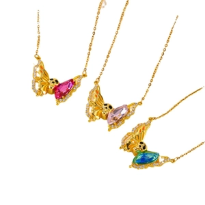 Titanium butterfly necklaces with pink and blue crystal pendants in gold finish