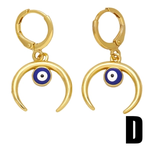 Golden crescent moon earrings with blue evil eye pendant and crystal accents style D