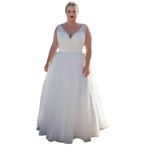 Elegant white A-line wedding dress featuring a deep V-neck and floral lace embroidery