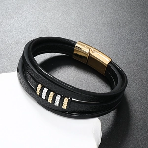 Men's retro multi-layer black leather bracelet with gold magnetic clasp and metal beads