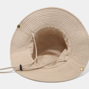 Unisex beige camping sun hat with wide brim, adjustable wind cord, and metal buttons