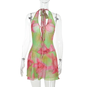 Detail of light green floral mesh mini dress with halter neck and backless design