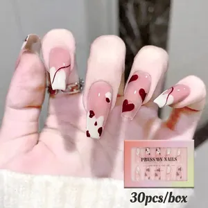 French Ballerina Press On Nails Heart And Cow Pattern Nude Pink Medium Long Artificial Fake Nails For Women