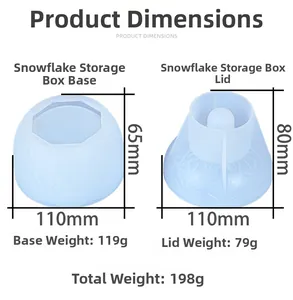 Detailed dimensions of snowflake storage box silicone mold with base and lid measurements