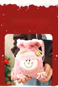 Detailed close-up of pink plush Christmas gift bag with sequins and cute snowman face