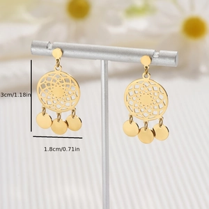 Golden stainless steel dreamcatcher tassel earrings with bohemian style dangling sequins