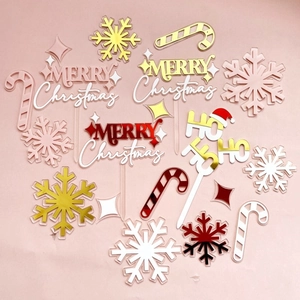 Acrylic Christmas Cake Topper Merry Christmas HOHOHO Snowflake Candy Cane Letters Cake Insert Dessert Decoration Holiday Party Supplies