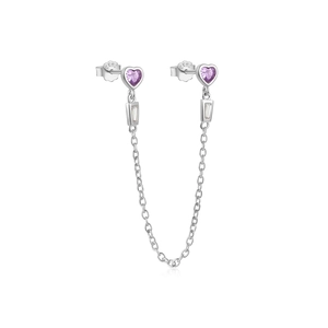 Macro detail of S925 sterling silver chain earrings with purple heart zirconia stones