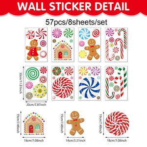 Size guide for 8-sheet Christmas gingerbread man wall stickers with dimensions in cm and inches
