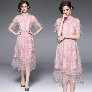 Robe Élégante en Maille Brodée pour Femmes Taille Haute Perles Tulle Rose Manches Volantées Top And Bottom Pour Banquet Fête