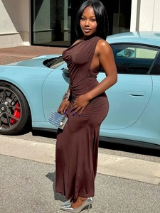 Elegant brown one-shoulder ruched maxi dress in silky fabric with a luxury street look