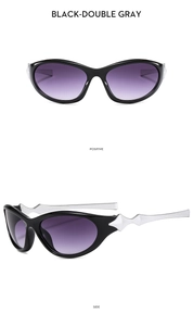 Detail view of Y2K sunglasses with black frames and purple gradient lenses in two angles