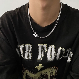 Hip-hop silver titanium steel Cuban chain necklace with letter pendant for men