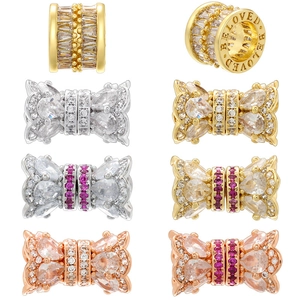 Gold-plated cylinder and bow spacer beads with cubic zirconia for DIY jewelry making