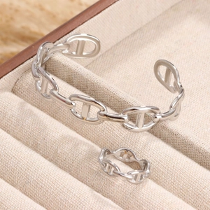 Silver pig nose link bracelet and ring set in a premium jewelry display box