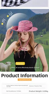 Detailed view of red and white gingham sun hat with adjustable strap and wide brim